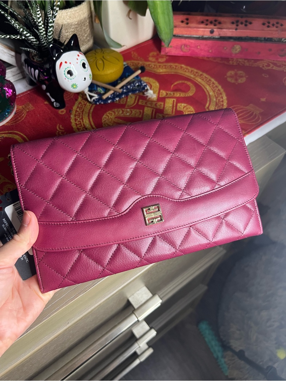 Authentic Vintage Givenchy Burgundy Quilted Leather Chain Clutch